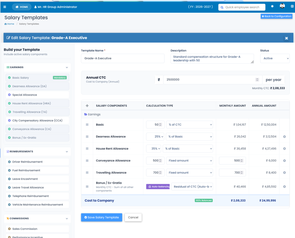 Salary Templates and CTC Structure Builder